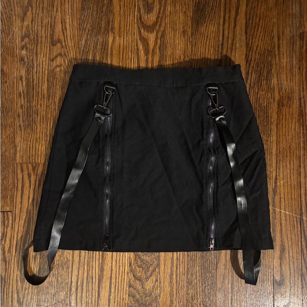 SOLD Black Double Thigh Zipper Skirt with Suspender Strap Details
